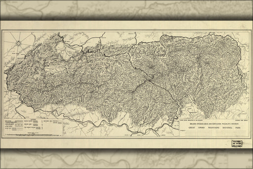24"x36" Gallery Poster, map of Great Smoky Mountains National Park 1935