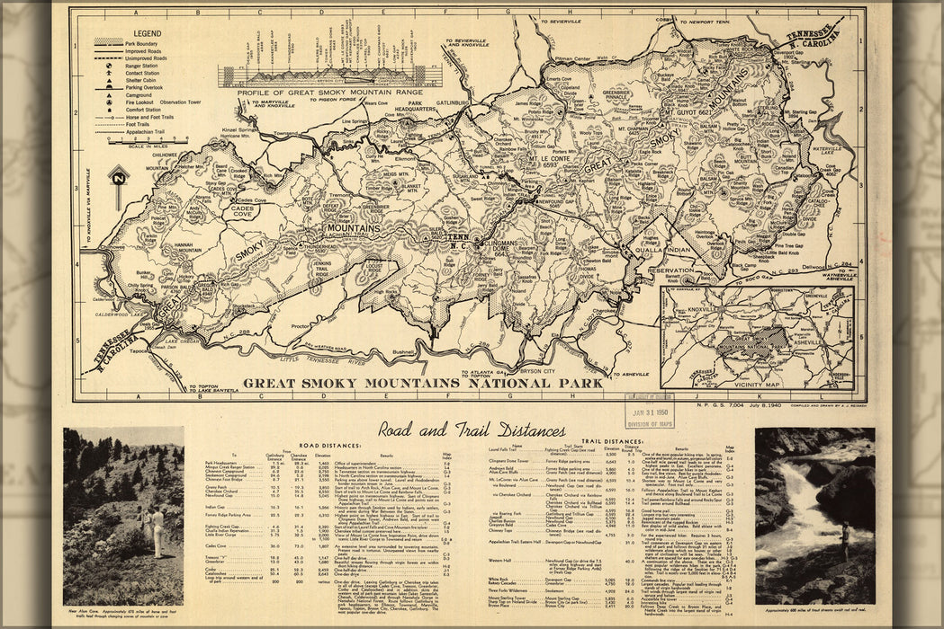 24"x36" Gallery Poster, map of Great Smoky Mountains National Park 1940