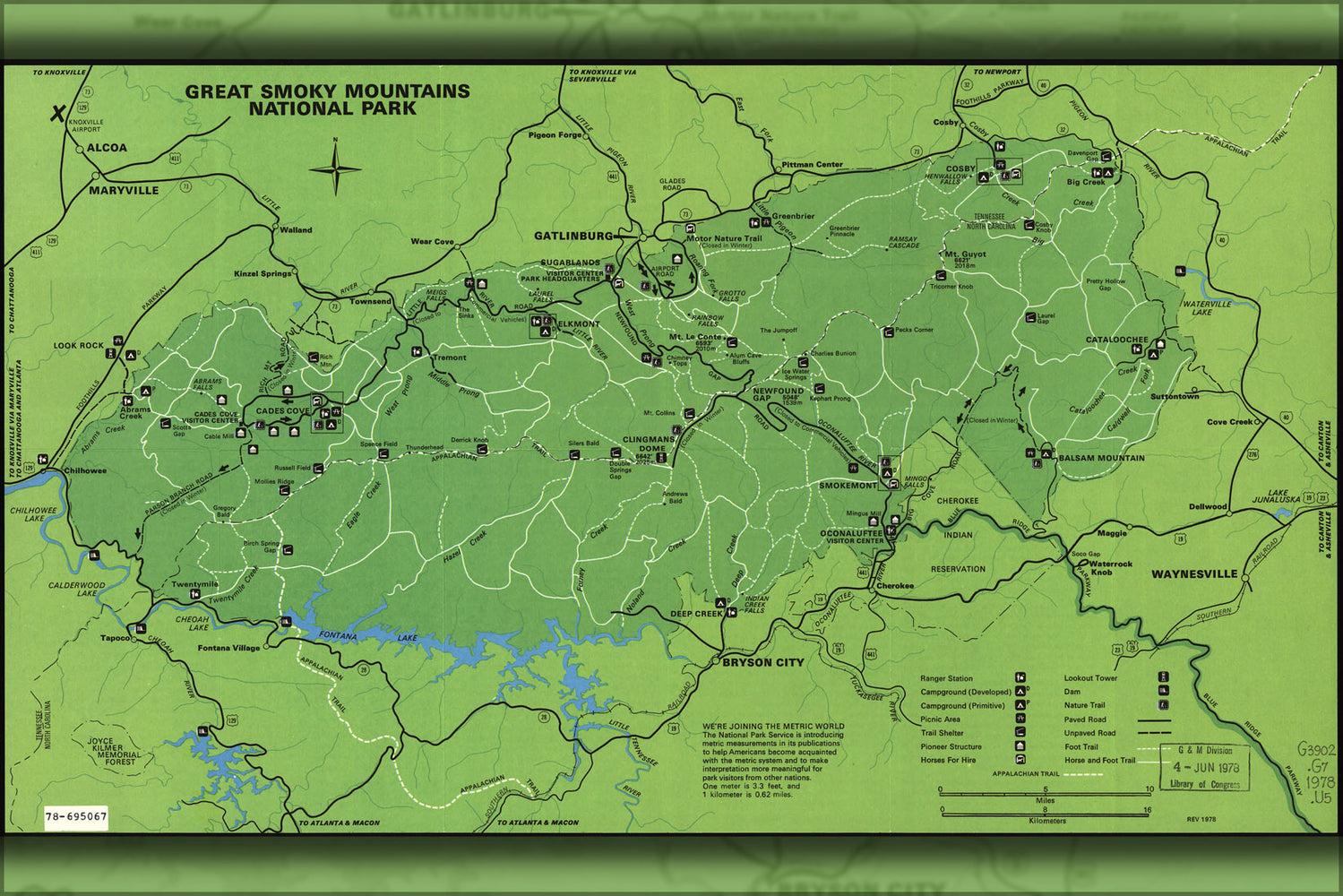 24"x36" Gallery Poster, map of Great Smoky Mountains National Park 1978
