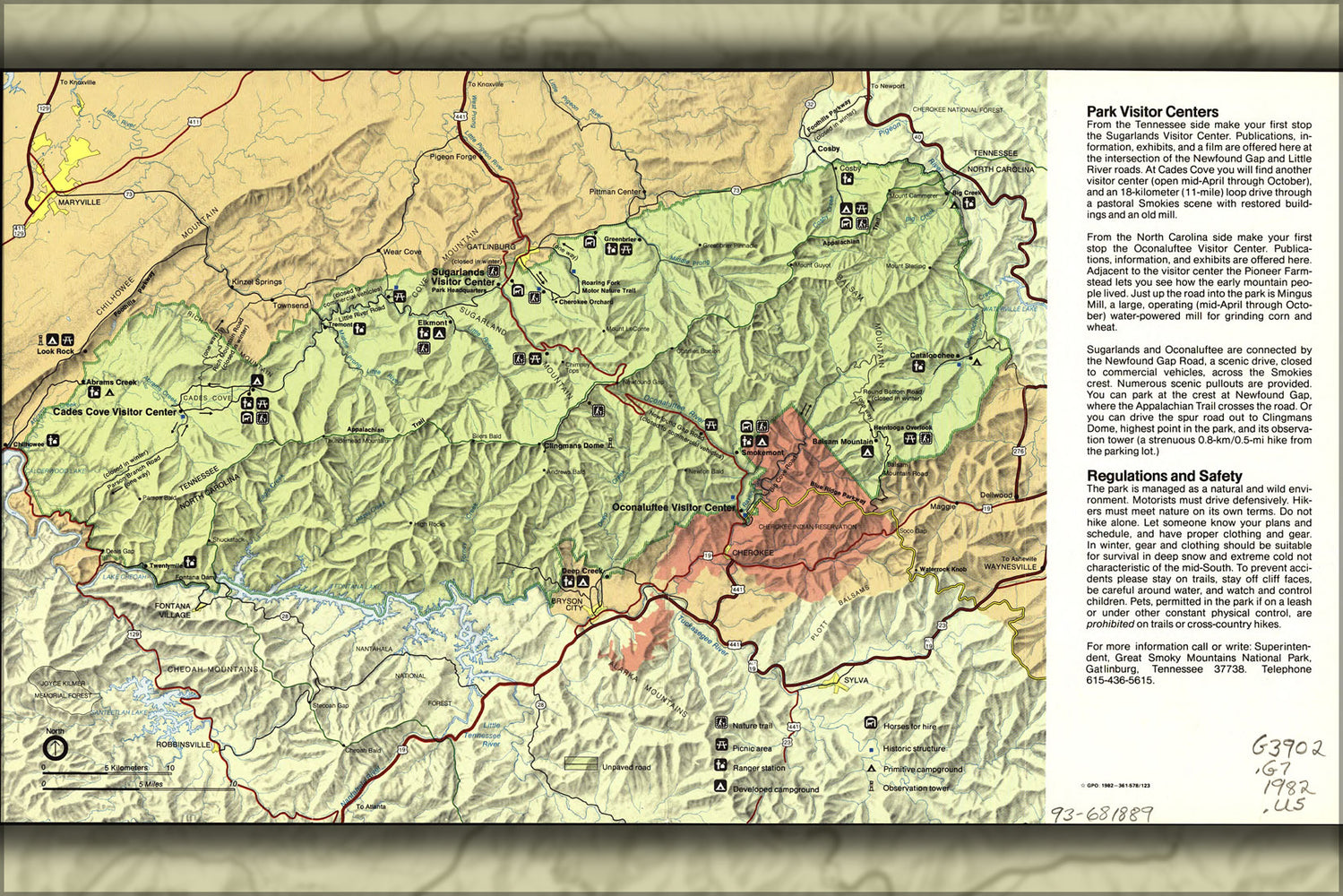24"x36" Gallery Poster, map of Great Smoky Mountains National Park 1982