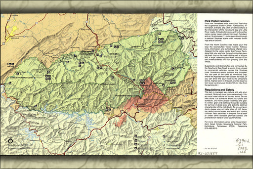 24"x36" Gallery Poster, map of Great Smoky Mountains National Park 1982