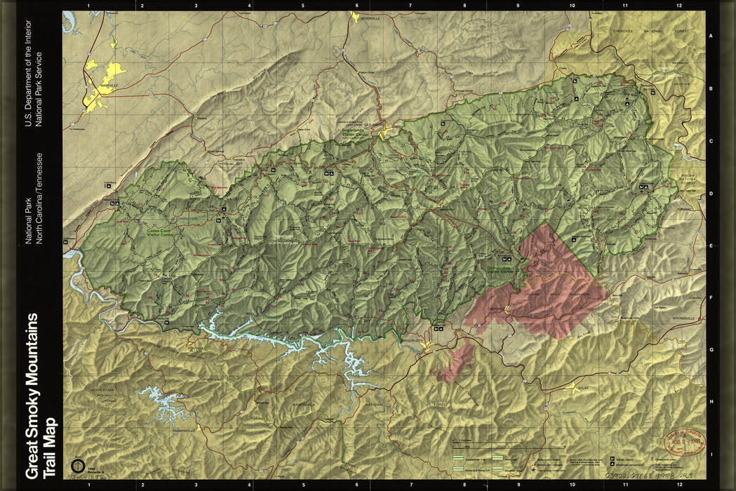 24"x36" Gallery Poster, map of Great Smoky Mountains National Park 1988