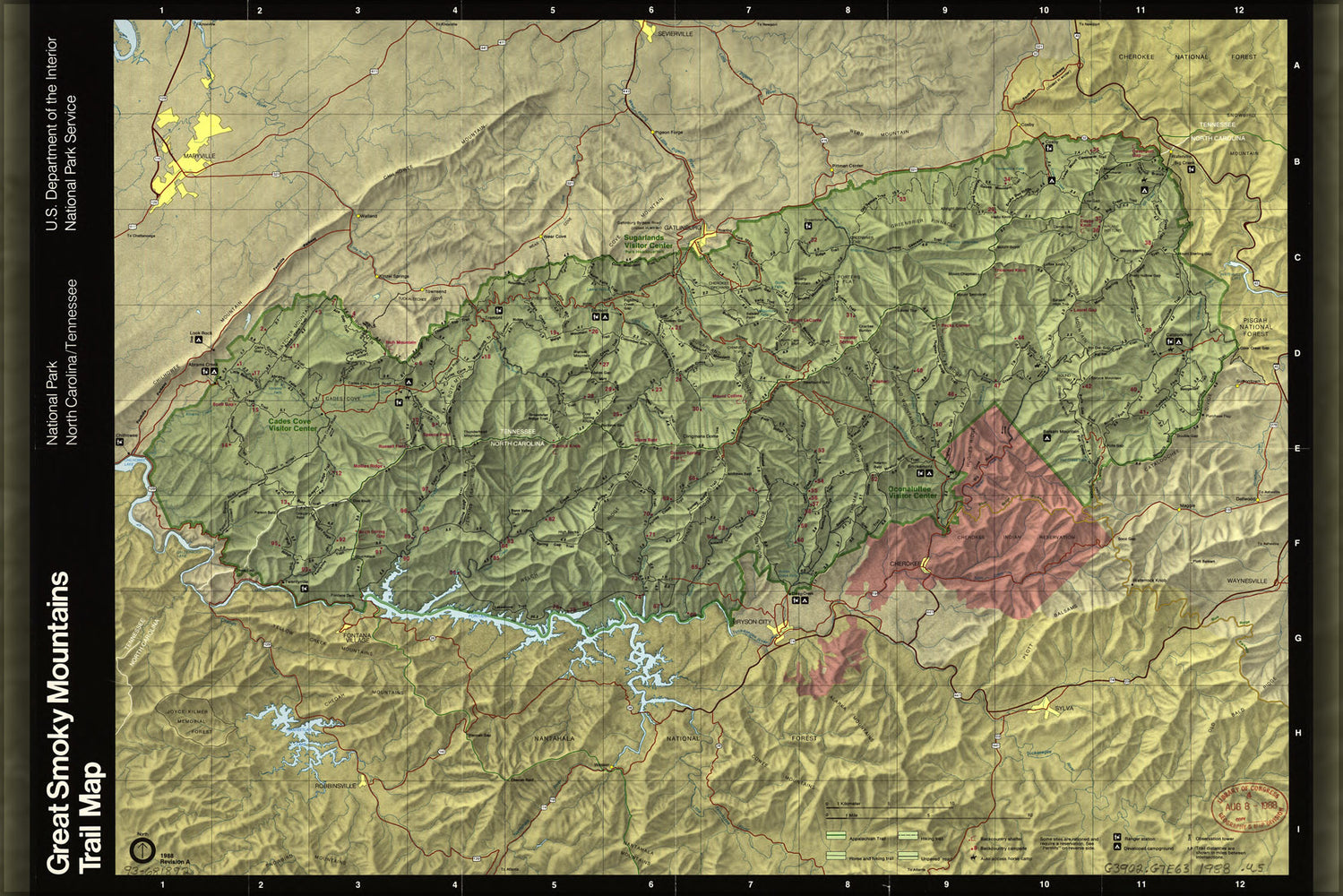 24"x36" Gallery Poster, map of Great Smoky Mountains National Park 1988