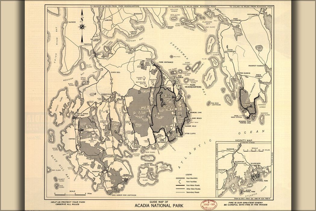 24"x36" Gallery Poster, map of Guide Map of Acadia National Park 1949