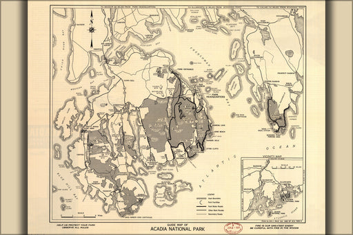 24"x36" Gallery Poster, map of Guide Map of Acadia National Park 1949
