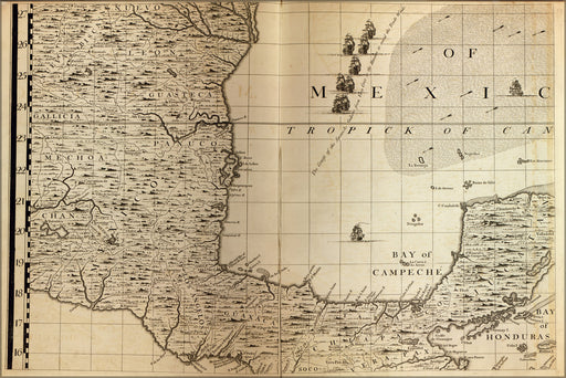 24"x36" Gallery Poster, map of Gulf of Mexico, Bay of Campeche 1733