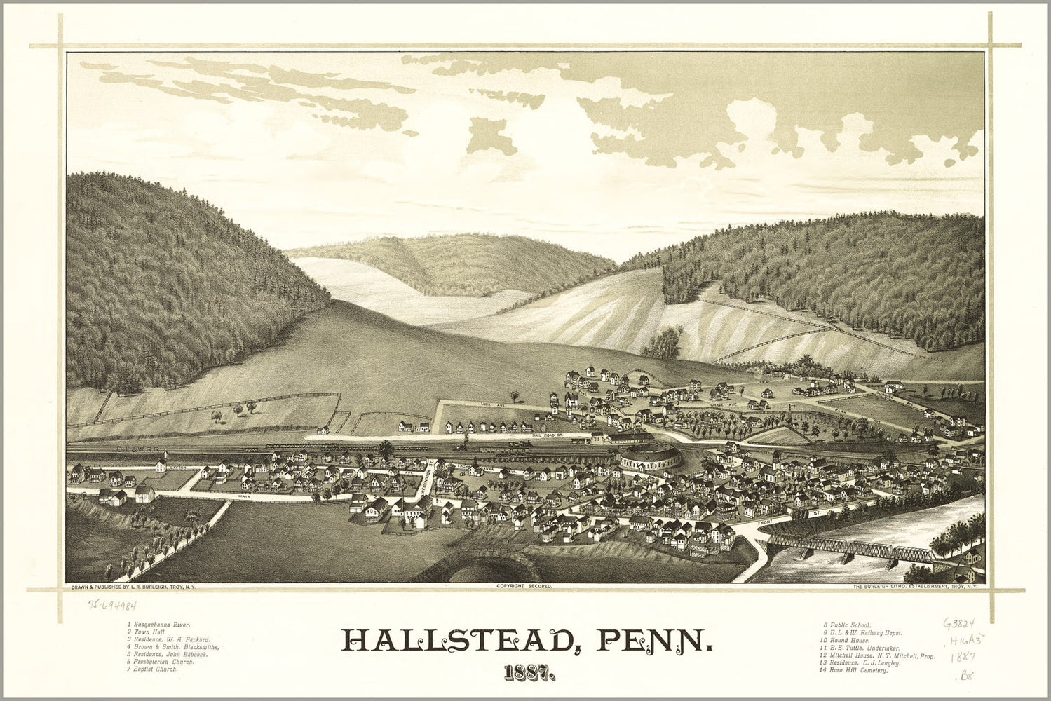24"x36" Gallery Poster, map of Hallstead, Pennsylvania 1887