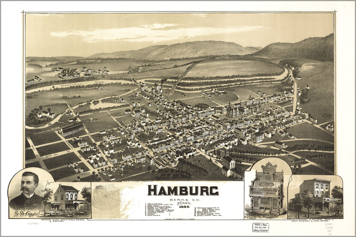 24"x36" Gallery Poster, map of Hamburg, Pennsylvania 1889