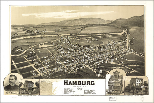 24"x36" Gallery Poster, map of Hamburg, Pennsylvania 1889