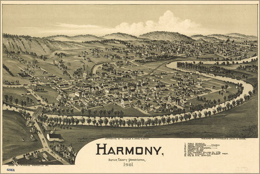 24"x36" Gallery Poster, map of Harmony, Pennsylvania 1901