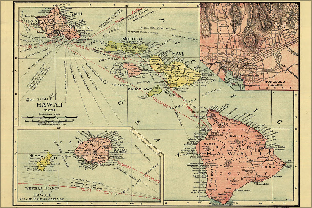 24"x36" Gallery Poster, map of Hawaii 1912