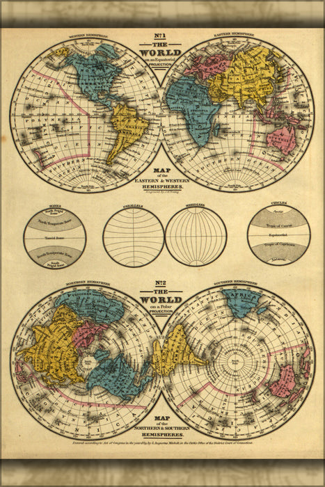 24"x36" Gallery Poster, map of Hemispheres of the world 1839