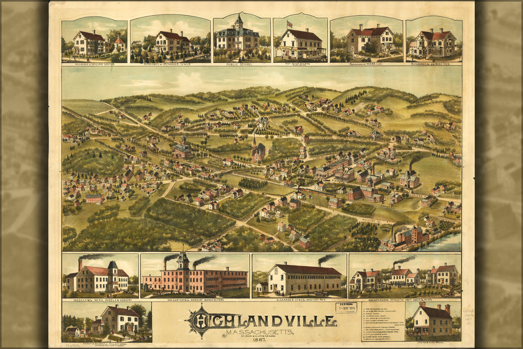 24"x36" Gallery Poster, map of Highlandville, Massachusetts 1887