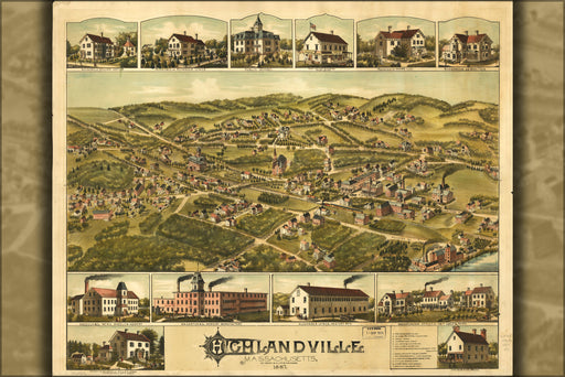 24"x36" Gallery Poster, map of Highlandville, Massachusetts 1887