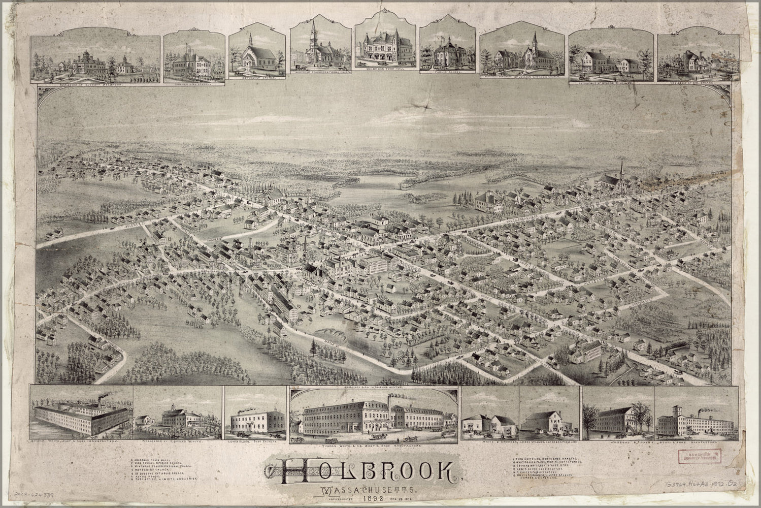 24"x36" Gallery Poster, map of Holbrook, Massachusetts, 1892