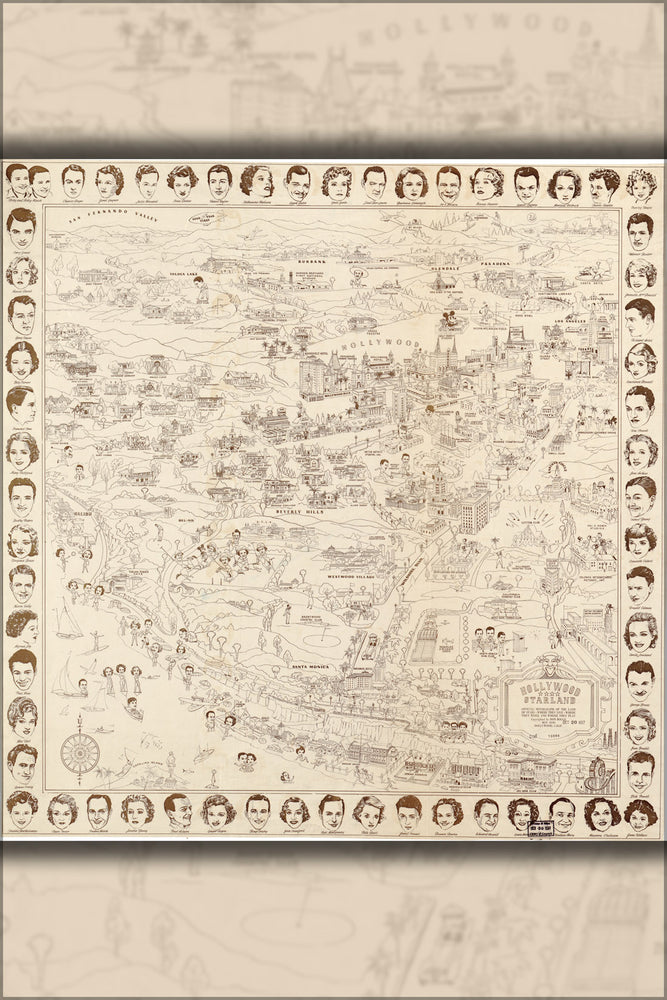 24"x36" Gallery Poster, map of Hollywood california land of stars 1937