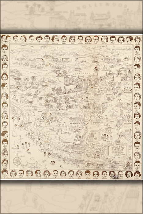 24"x36" Gallery Poster, map of Hollywood california land of stars 1937