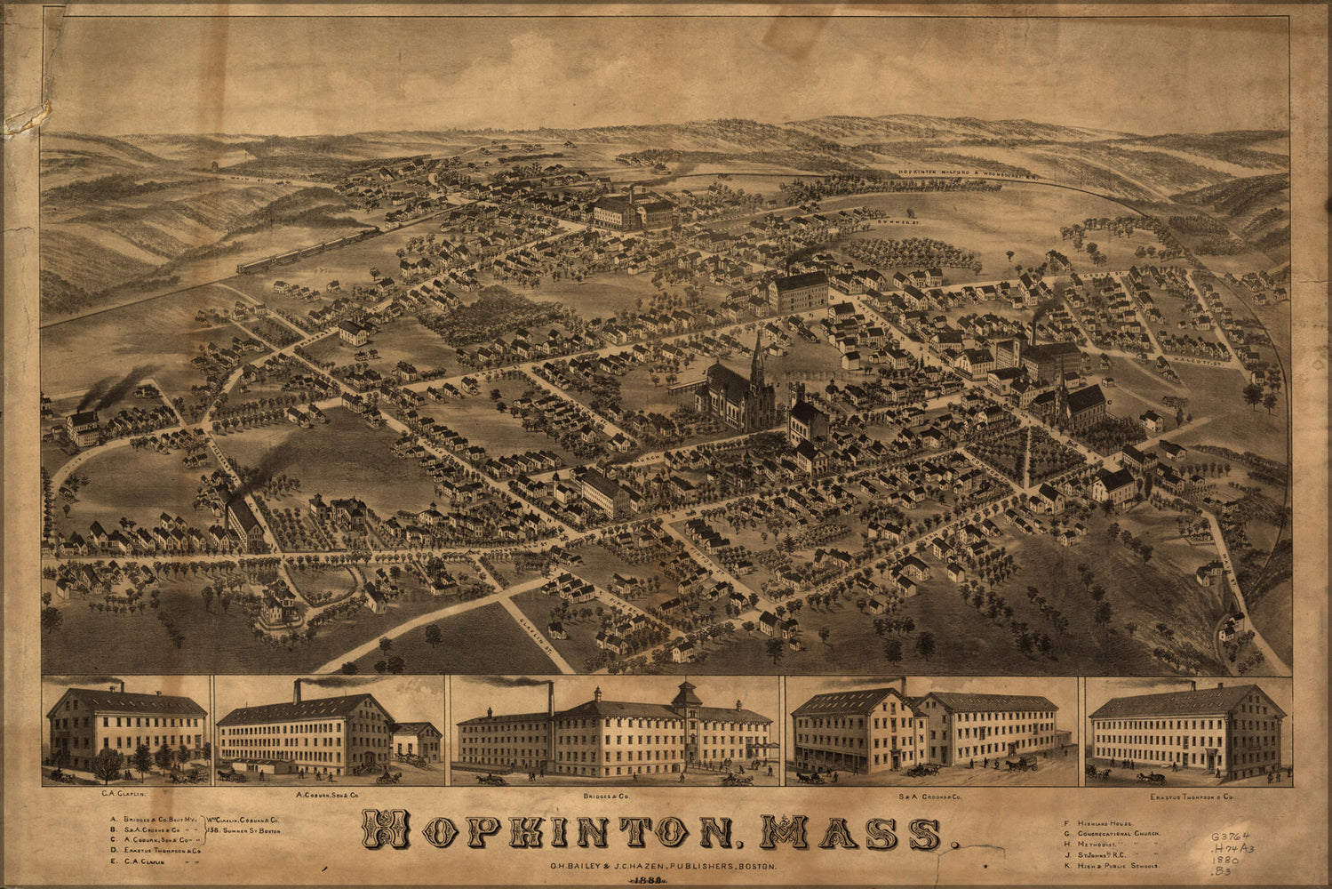 24"x36" Gallery Poster, map of Hopkinton, Massachusetts 1880