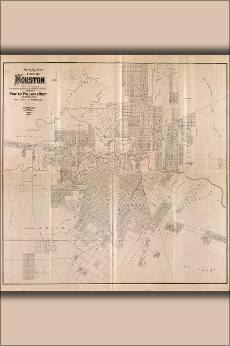 24"x36" Gallery Poster, map of Houston texas and adjoining surveys 1890