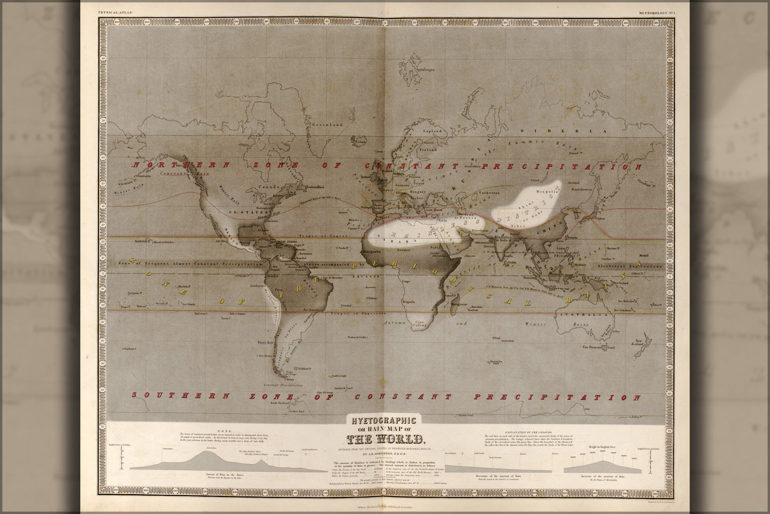 24"x36" Gallery Poster, map of Hyetographic (Rain) Map of the World 1848