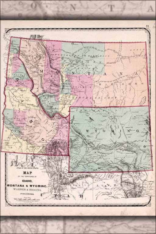 24"x36" Gallery Poster, map of Idaho, Montana & Wyoming 1870