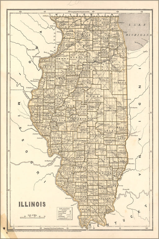 24"x36" Gallery Poster, map of Illinois 1842