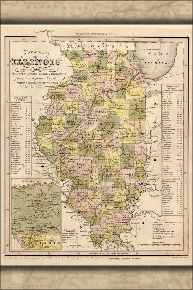 24"x36" Gallery Poster, map of Illinois 1844