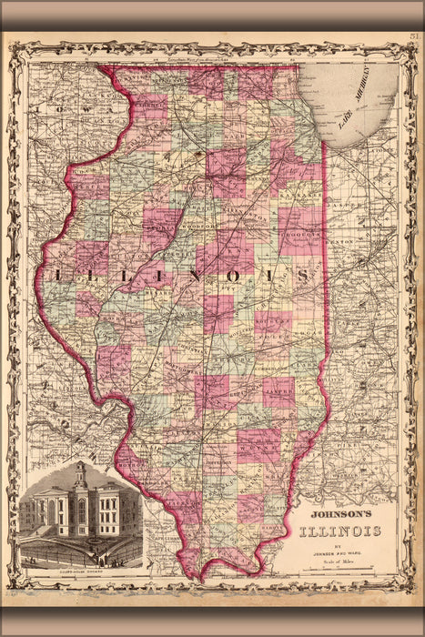 24"x36" Gallery Poster, map of Illinois 1862