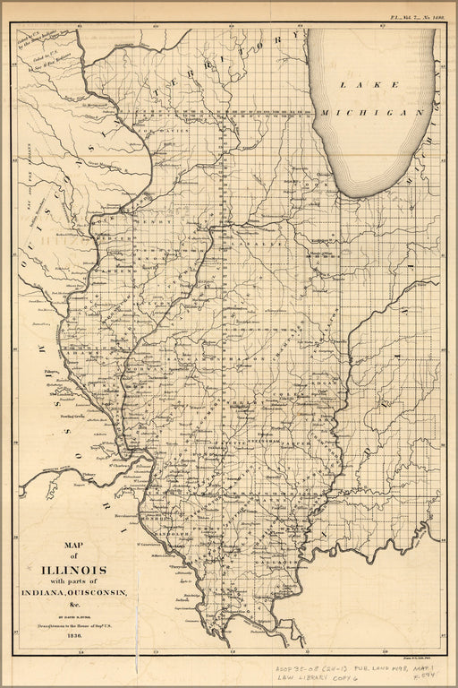 24"x36" Gallery Poster, map of Illinois with parts of Indiana and Wisconsin, 1836