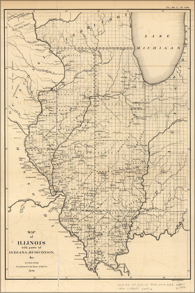 24"x36" Gallery Poster, map of Illinois with parts of Indiana and Wisconsin, 1836