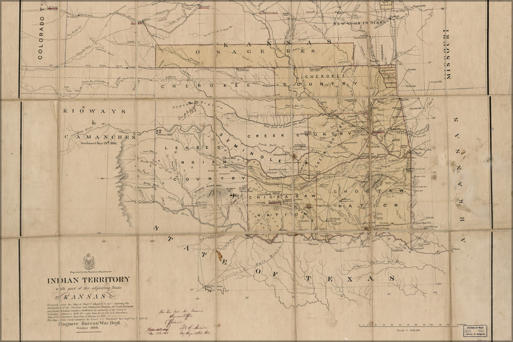 24"x36" Gallery Poster, map of Indian Territory oklahoma 1886