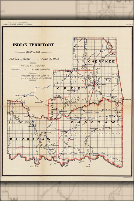 24"x36" Gallery Poster, map of Indian Territory with railroads 1903
