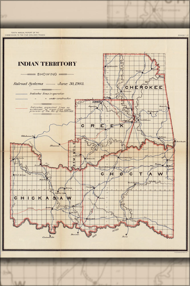 24"x36" Gallery Poster, map of Indian Territory with railroads 1903