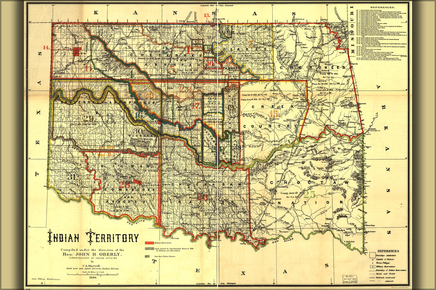 24"x36" Gallery Poster, map of Indian territory oklahoma 1889