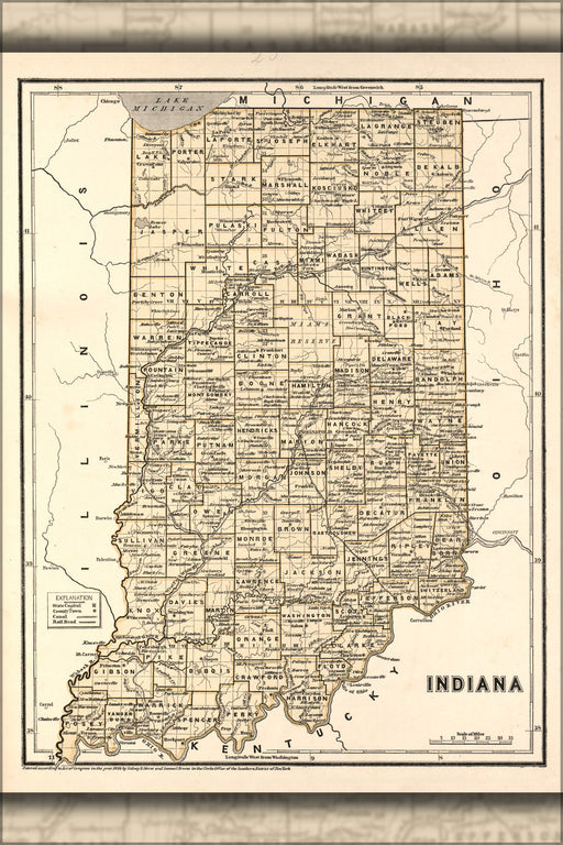 24"x36" Gallery Poster, map of Indiana 1842