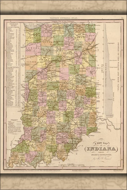 24"x36" Gallery Poster, map of Indiana 1844