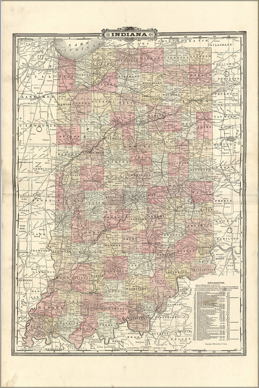 24"x36" Gallery Poster, map of Indiana 1899