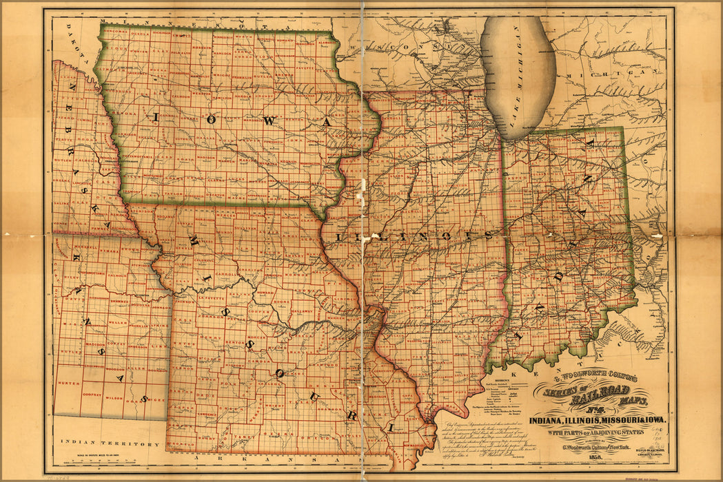 24"x36" Gallery Poster, map of Indiana, Illinois, Missouri & Iowa 1858