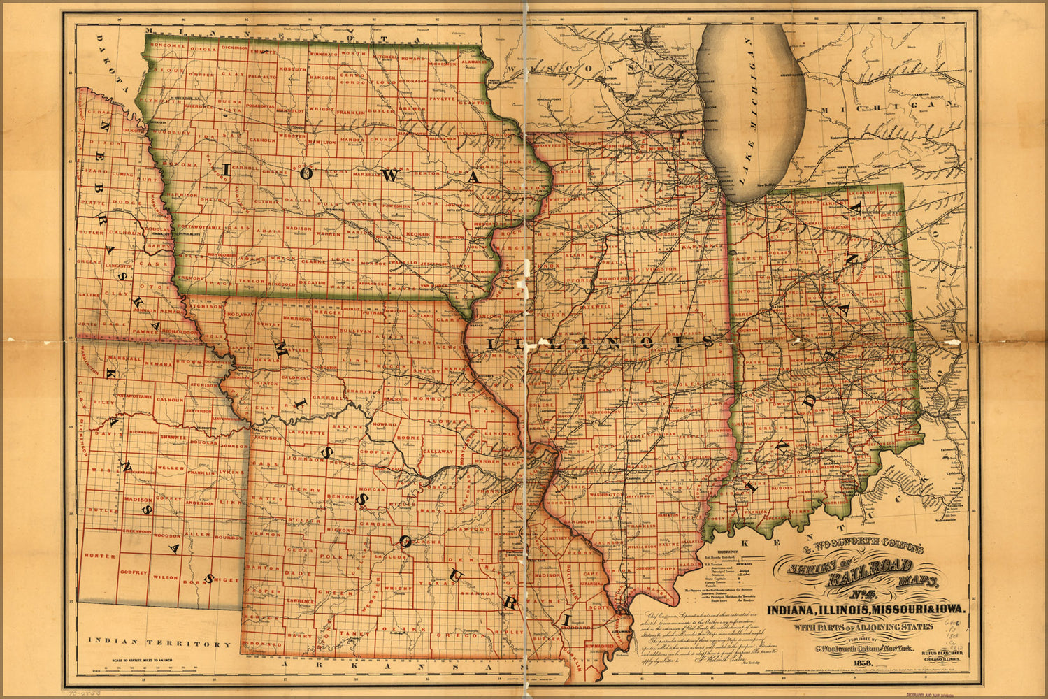 24"x36" Gallery Poster, map of Indiana, Illinois, Missouri & Iowa 1858
