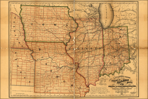 24"x36" Gallery Poster, map of Indiana, Illinois, Missouri & Iowa 1858