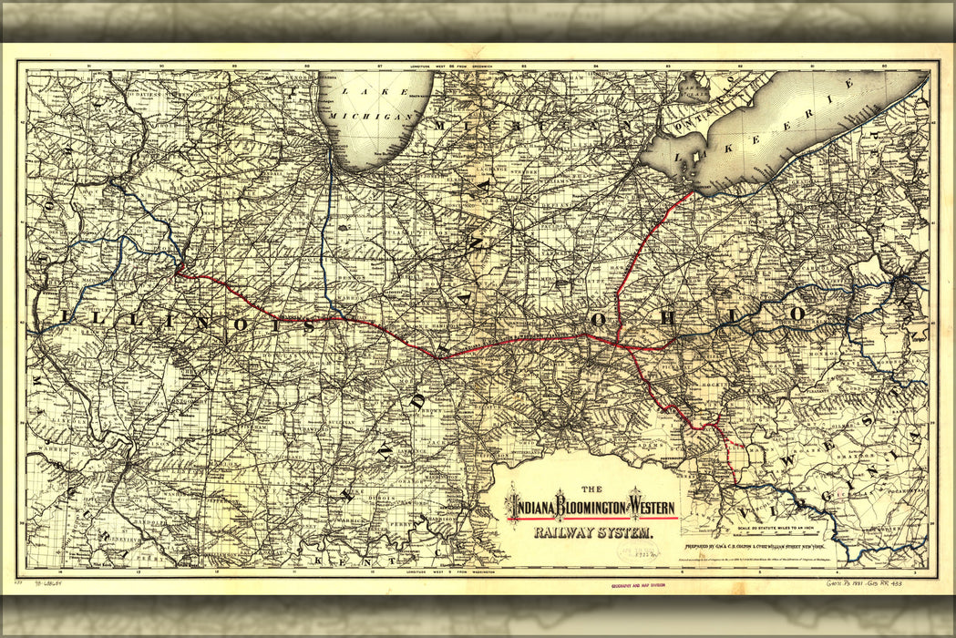 24"x36" Gallery Poster, map of Indiana Bloomington Western Railroad 1881