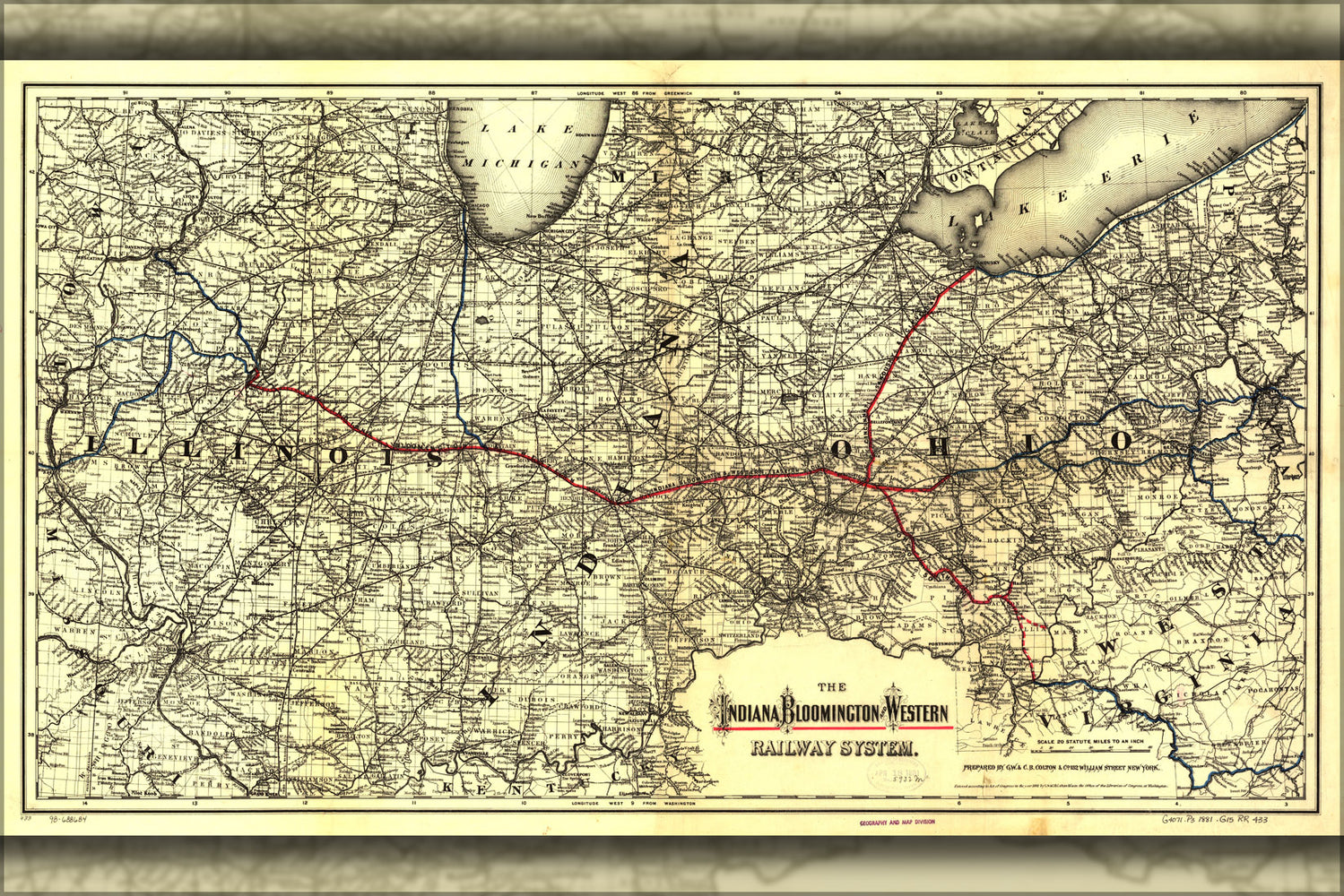 24"x36" Gallery Poster, map of Indiana Bloomington Western Railroad 1881