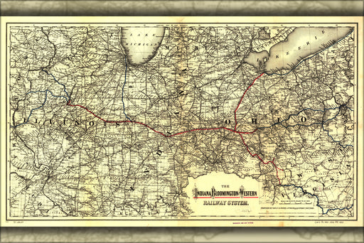 24"x36" Gallery Poster, map of Indiana Bloomington Western Railroad 1881