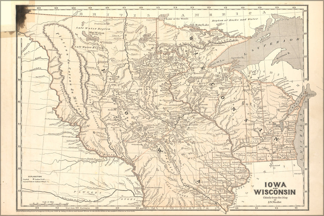 24"x36" Gallery Poster, map of Iowa Wisconsin minnesota 1842