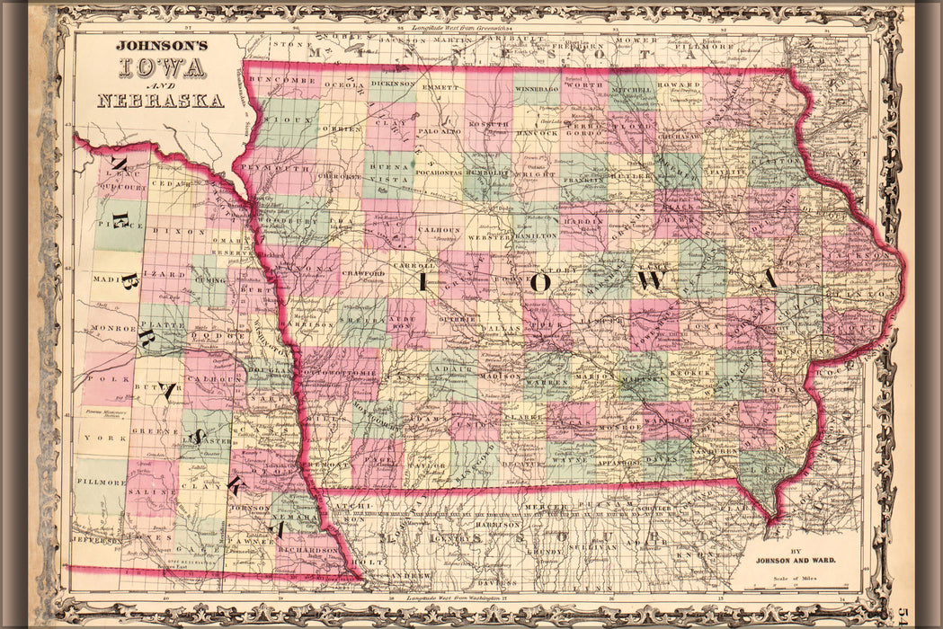 24"x36" Gallery Poster, map of Iowa and Nebraska 1862