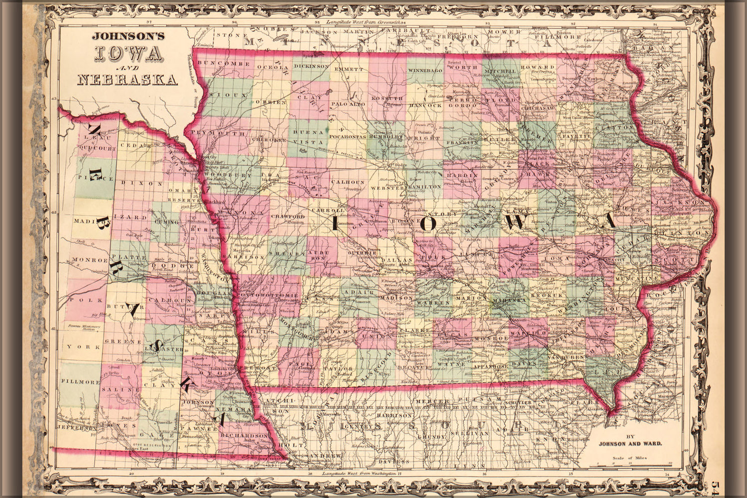 24"x36" Gallery Poster, map of Iowa and Nebraska 1862