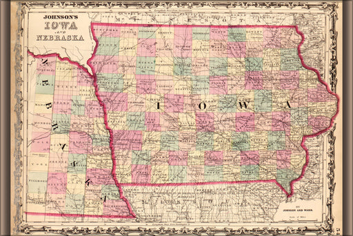 24"x36" Gallery Poster, map of Iowa and Nebraska 1862