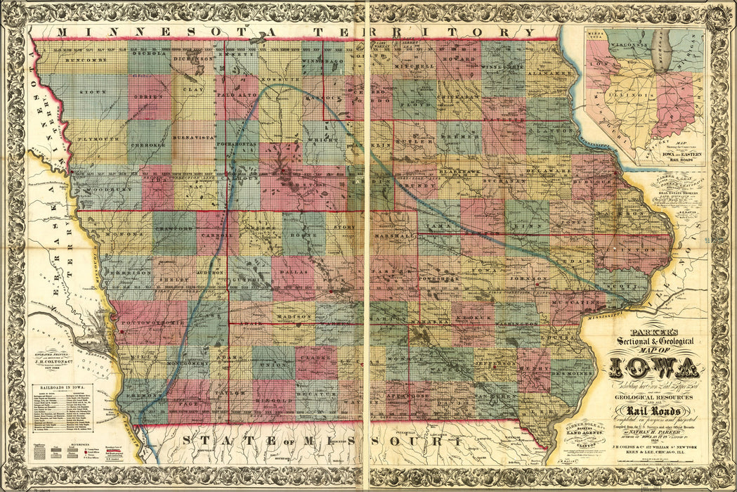 24"x36" Gallery Poster, map of Iowa iron, lead, copper, coal 1856