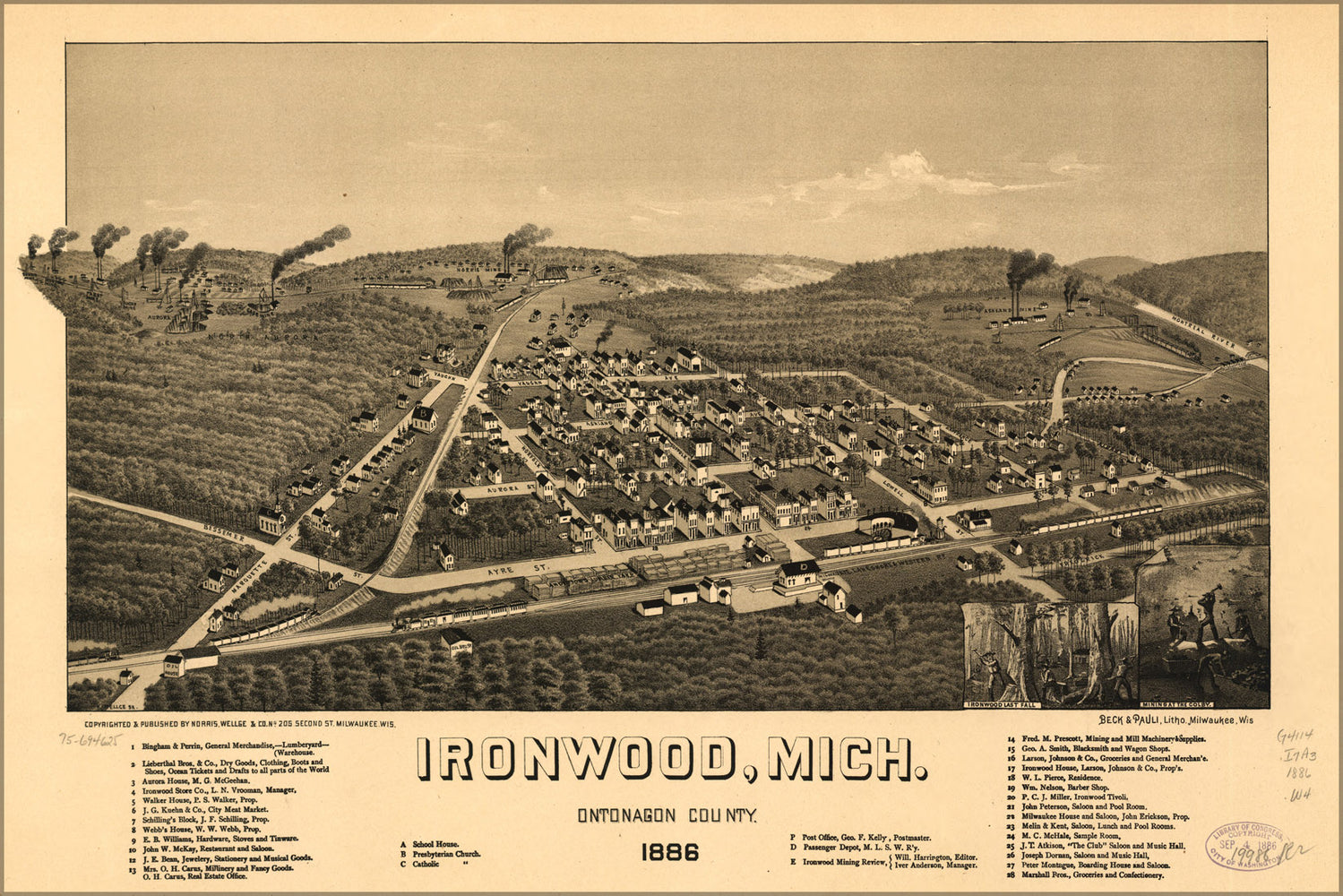 24"x36" Gallery Poster, map of Ironwood, Michigan 1886