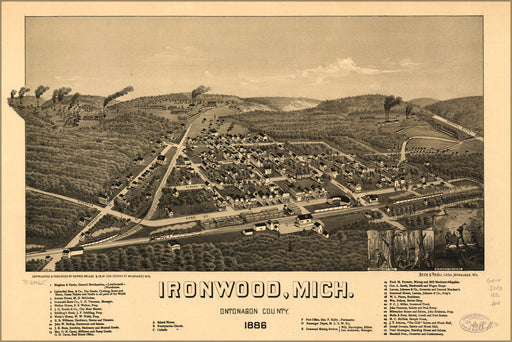 24"x36" Gallery Poster, map of Ironwood, Michigan 1886